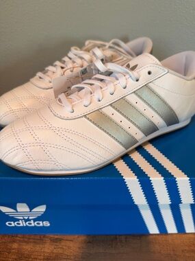 adidas White Sneakers with Metallic Silver Stripes